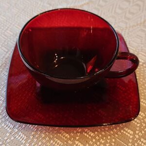 Vintage ruby red cranberry glass Anchor Hocking cup and square saucer
